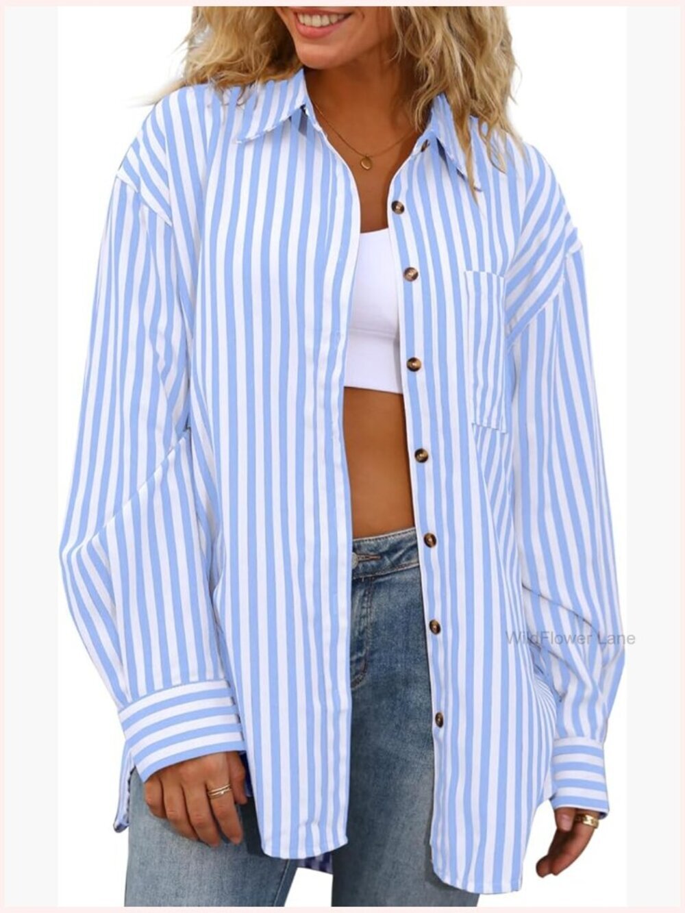 Striped Button Down Long Sleeve Blouse Womens Loose Fit